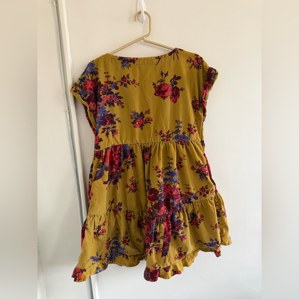 FREE PEOPLE | XS | Harper corduroy floral tiered mini dress top mustard Prairie - Picture 2 of 8